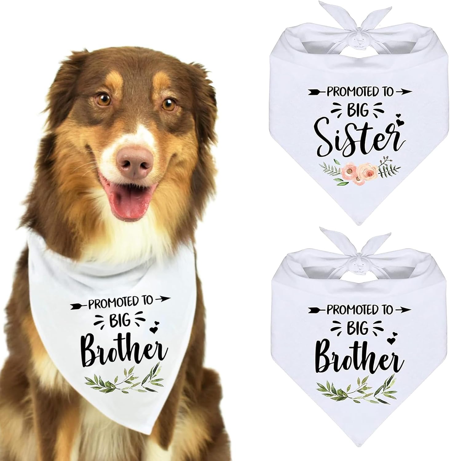 Pack of 2 Pet Dog Bandana, Adjustable Comfortable Bib, White Cotton Triangle Pet Bandana, Washable Bib with the Inscriptions "Big Brotherund "Big Sister