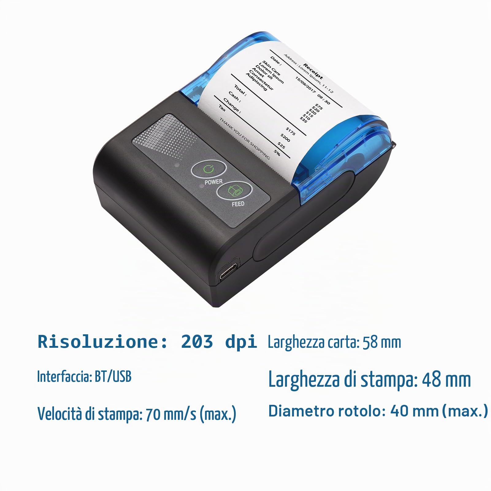 Mini stampante termica portatile,Xgr-Pos581 Stampante per ricevute USB wireless 2 pollici con carta stampa 58 mm compatibile con Android