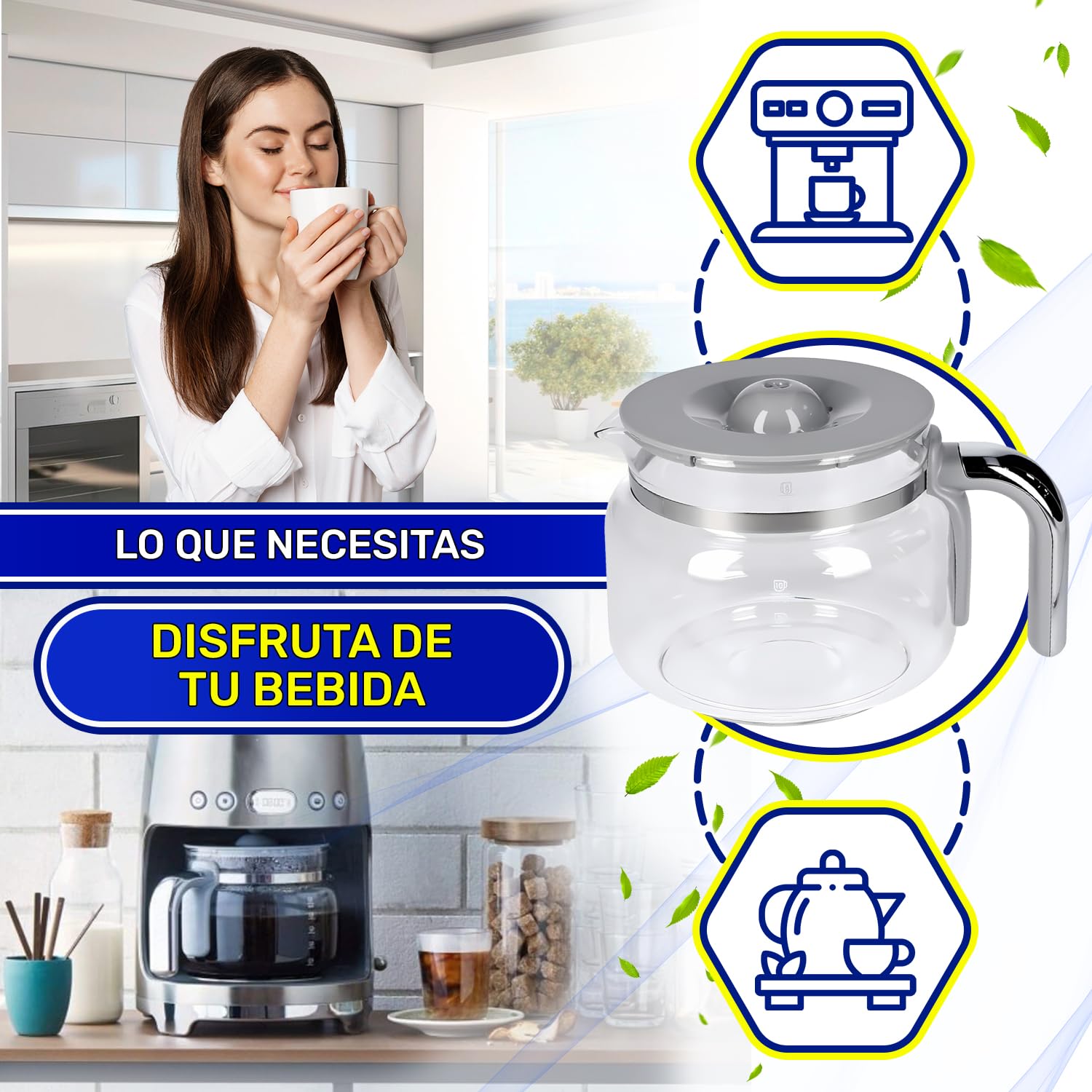 Jarra Cafetera Goteo con Tapa 200x150x130 mm con Código Original 697650076 DCGC01 para Smeg - Garantía de 10 Años - MONTERAL
