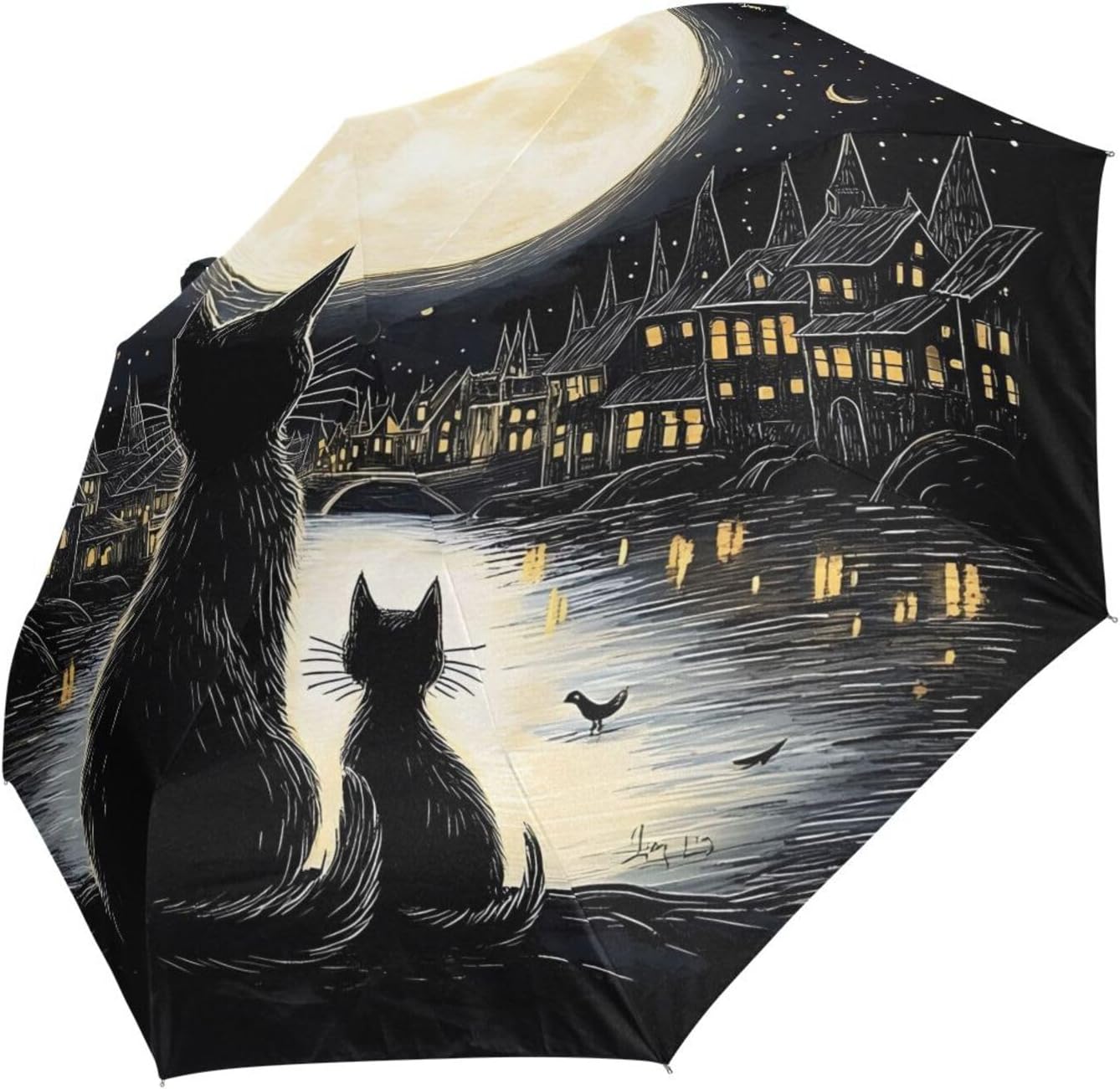 panksolu Black Cat Full Moon Night Folding Umbrella Auto Open Close Compact travel Umbrella Windproof Waterproof for Rain Sun UV Portable Lightweight Umbrellas for Adults Women Men Large umbrellas