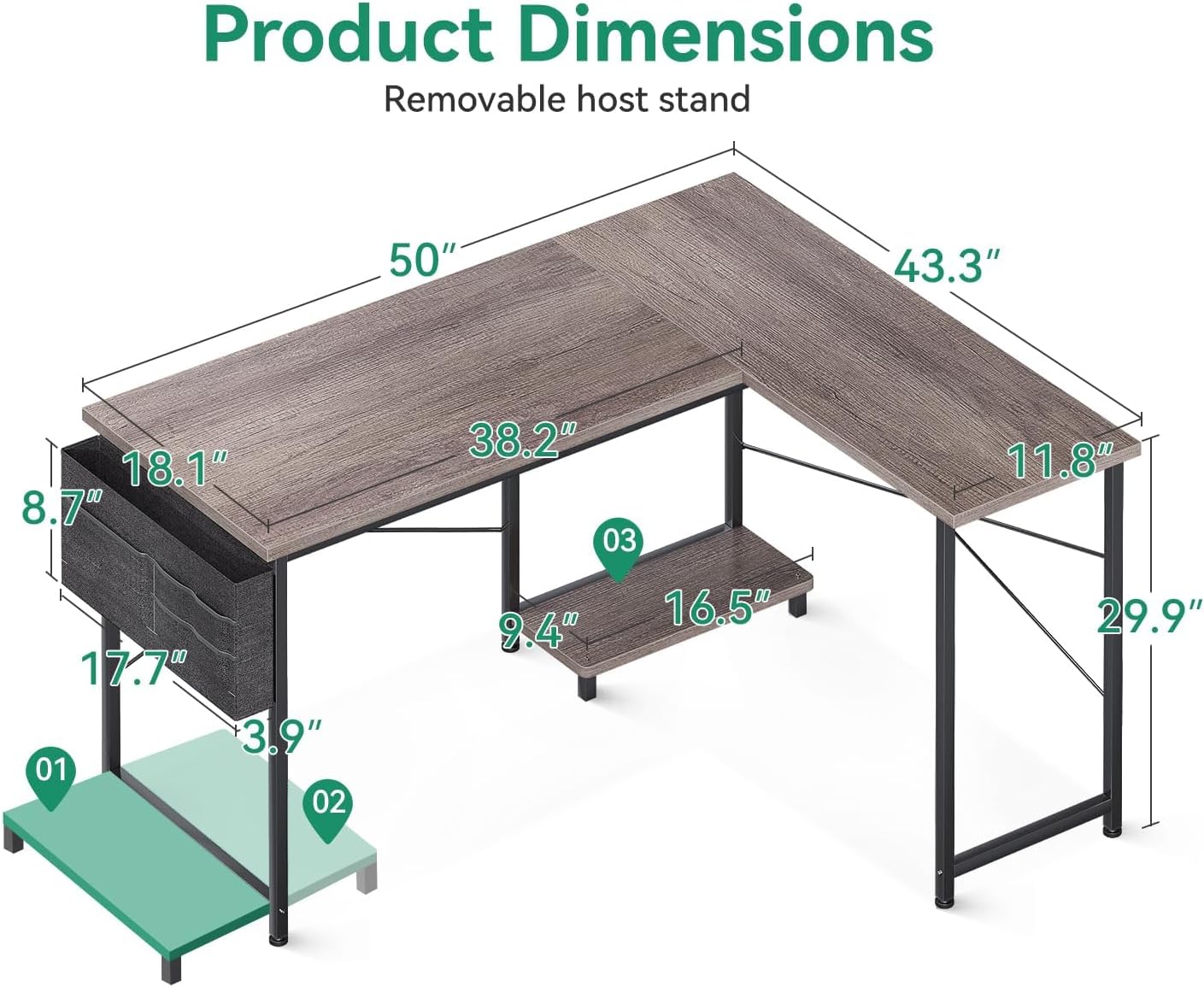 Product dimensions diagram for the L-shaped desk