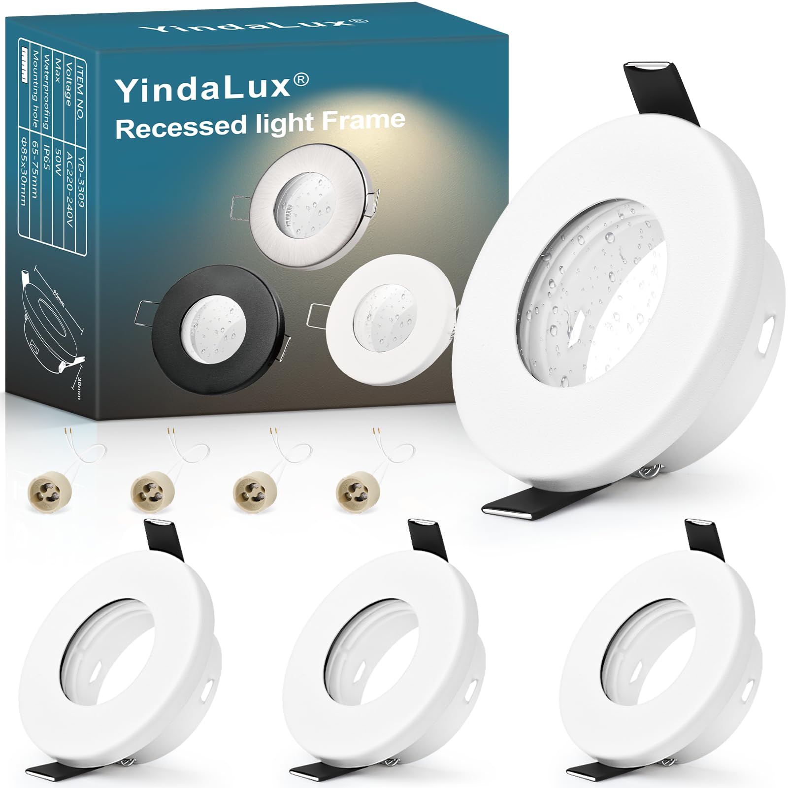 YindaLux 4 Pack GU10 Recessed Spotlight Frame IP65 White, 30° Adjustable Iron Downlight Bezel 230V with GU10 Holder, Ø85mm, Cut Out 65-75mm Round Ceiling Spot, Bulb Not Included