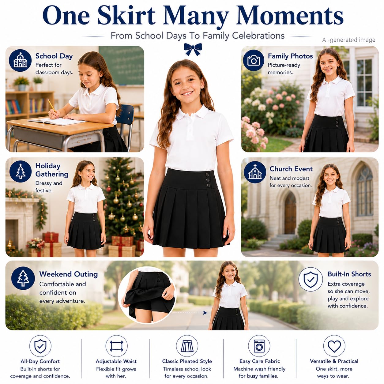 Bienzoe Falda de uniforme escolar para niñas: falda plisada de cintura ajustable para niños, negro, 13-14 Years