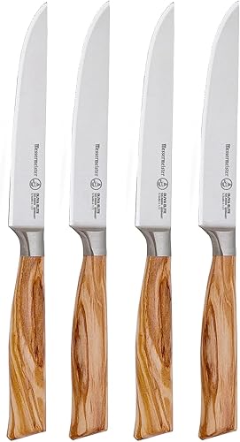 Messermeister Oliva Elite - Juego de cuchillos para carne de filo fino, hoja fina de aleación de acero alemán y mango de madera de olivo