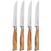 Messermeister Oliva Elite Fine-Edge Steak Knife Set - Fine German Steel Alloy Blade & Natural Mediterranean Olive Wood Handle - Rust Resistant & Easy to Maintain - Includes 4 Steak Knives