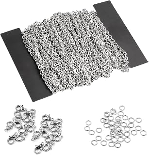 12m Link Chain Sold by the Metre, Chain Craft, Jewelry Making, Stainless Steel Cable Link Chain with 100 Rings and 30 Carabiner, Link Chain Silver Crafts, for Jewelry DIY Making