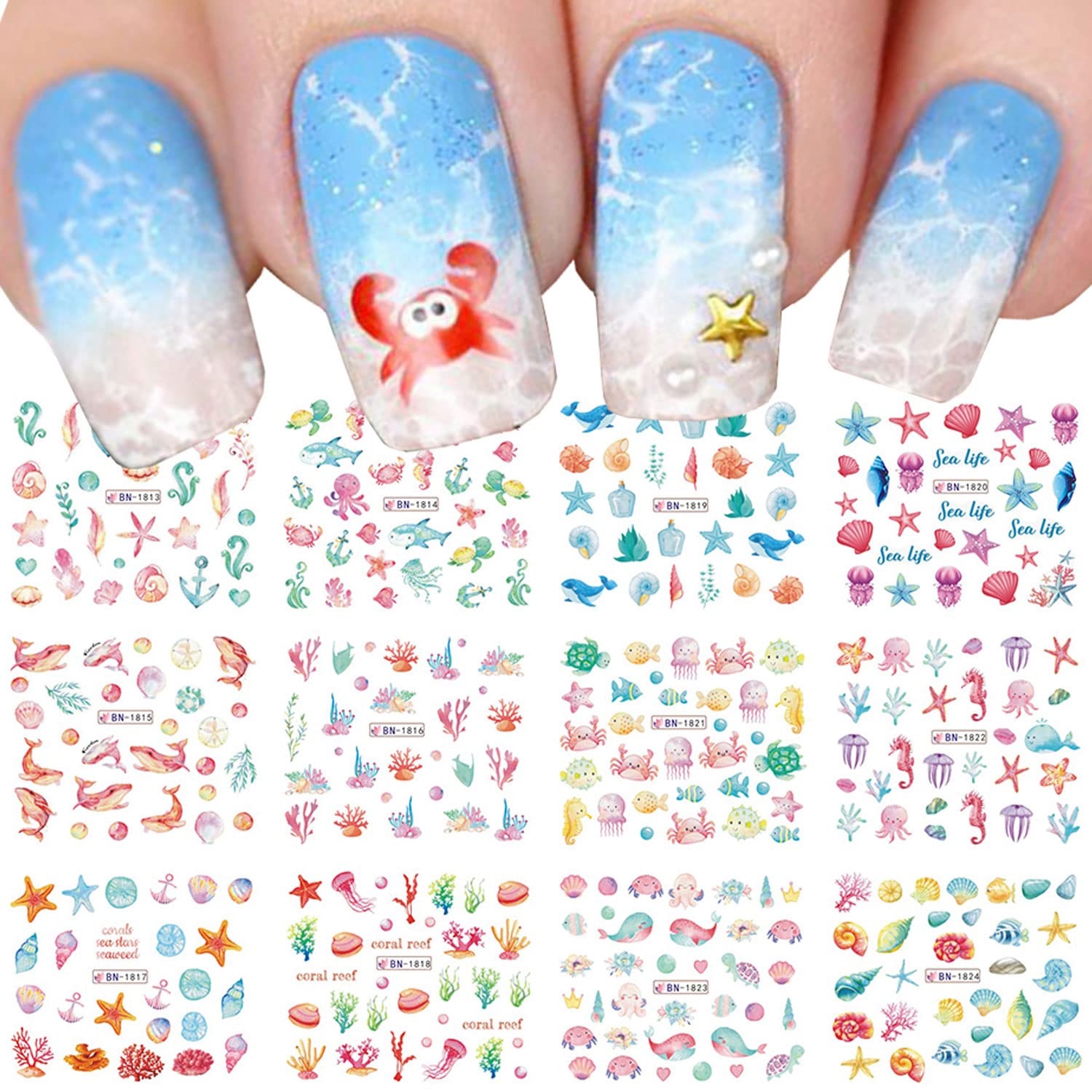 Amazon.com: Ocean Nail Art Stickers Summer Nail Decal Ocean Water Transfer  Nail Stickers for Women Starfish Dolphins Shells Seaweed Nail Design Nail  Decoration Wraps for Acrylic Nail Supplies Manicure Tips : Beauty