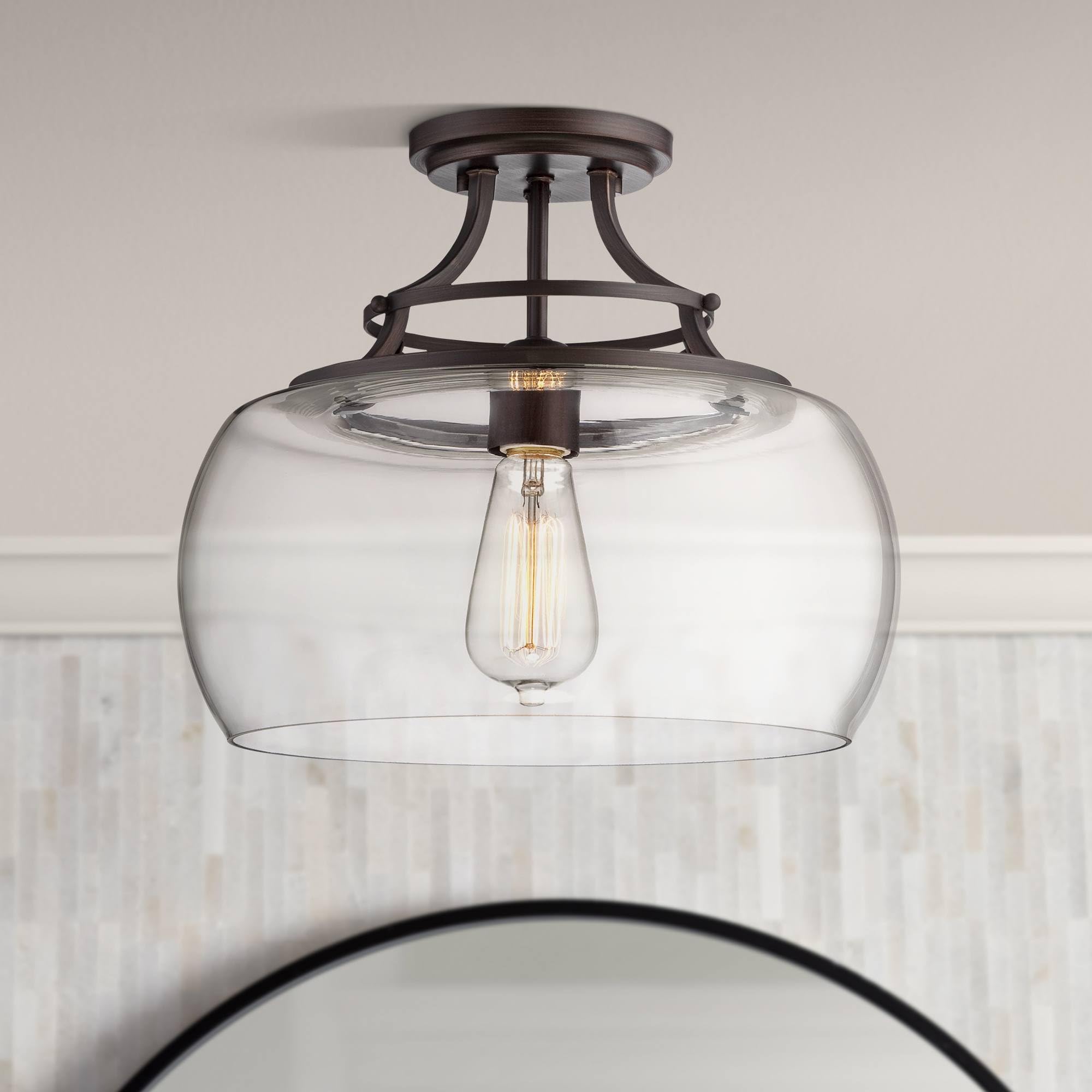 Charleston Industrial Rustic Farmhouse Ceiling Light Semi Flush-Mount Fixture 13 1/2" Wide Bronze LED Clear Glass Shade for Bedroom Kitchen Living Room Hallway Dining Bathroom