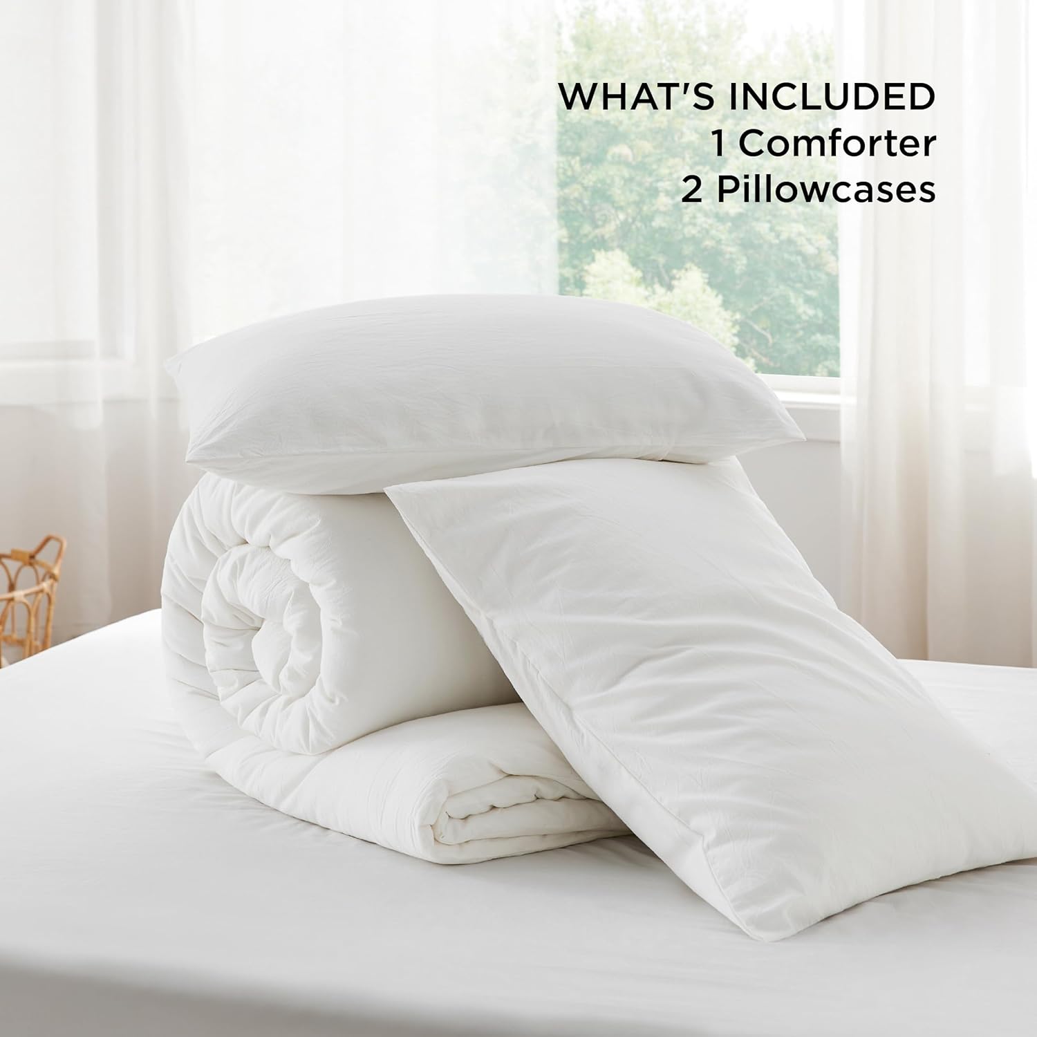 Bedsure Comforter Set Queen Size - Cotton Fabric with Microfiber Inner Fill, White PureWoven Soft Bed Set for All Seasons, 3 Pieces, 1 Comforter (90" x 90") and 2 Pillow Cases (20" x 26")