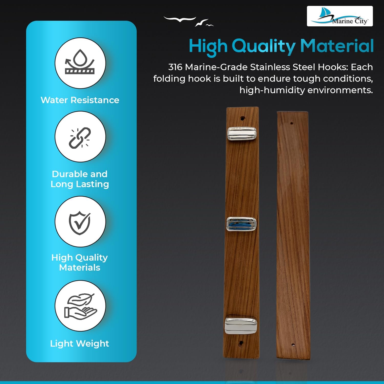 MARINE CITY Hook Rack with Teak Wood Base and 316 Stainless Steel Folding Hooks, Durable and Moisture-Resistant, Ideal for Hats, Coats, Towels, Bags and Perfect for Boats (3 Hook Rack)