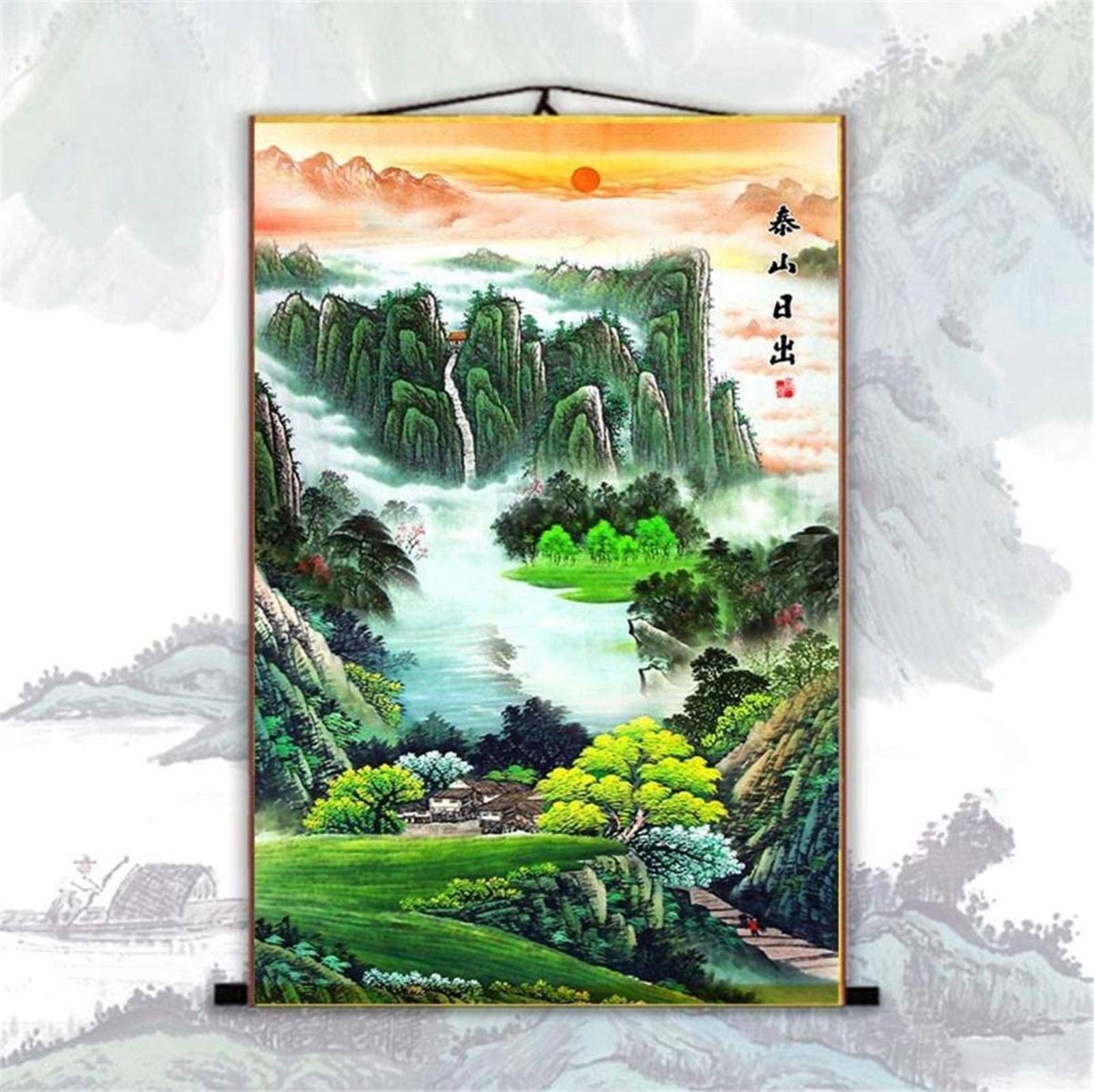 Vrfvsdasaas Green Chinese Wall Art, Prints Canvas Scroll Paintings Style Chinese Landscape Painting Hills And Clear Waters Ornaments(Green)