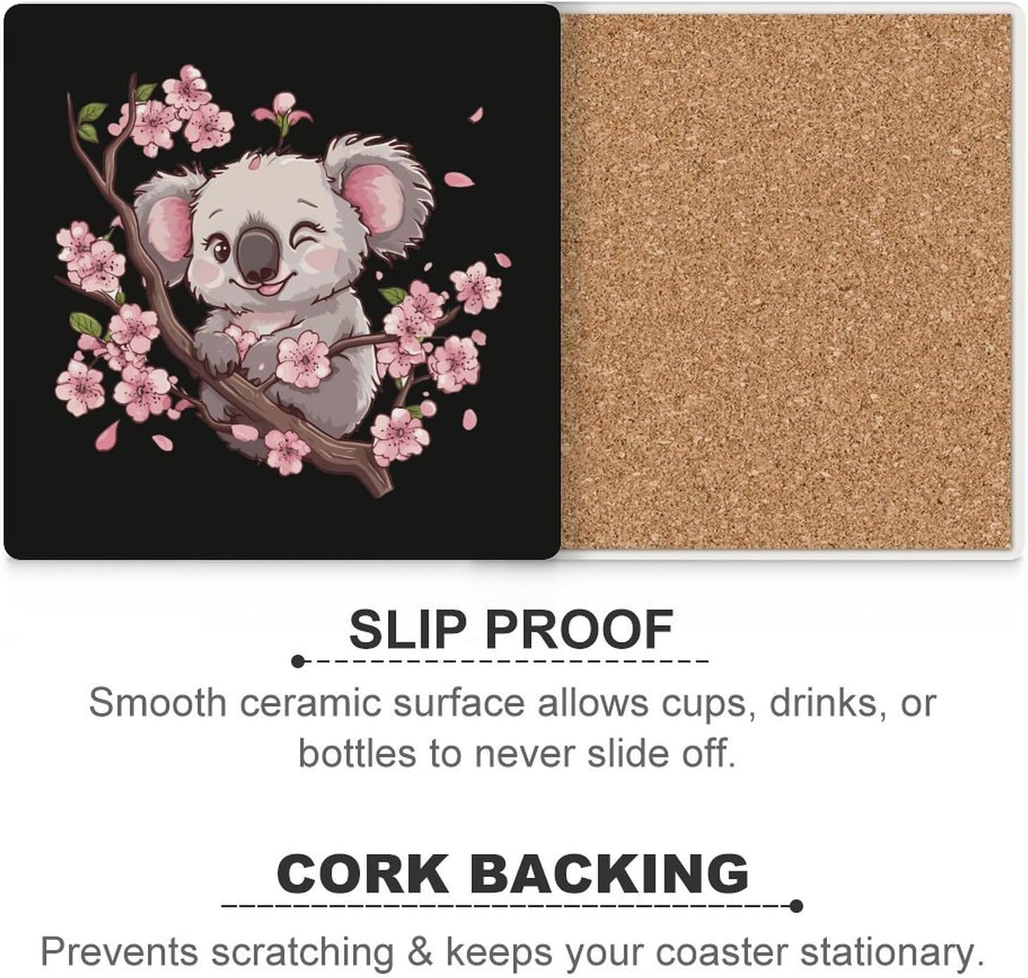 Cute Koala Bear Coasters for Drinks Square Ceramic Coasters Cup Mats with Cork Base
