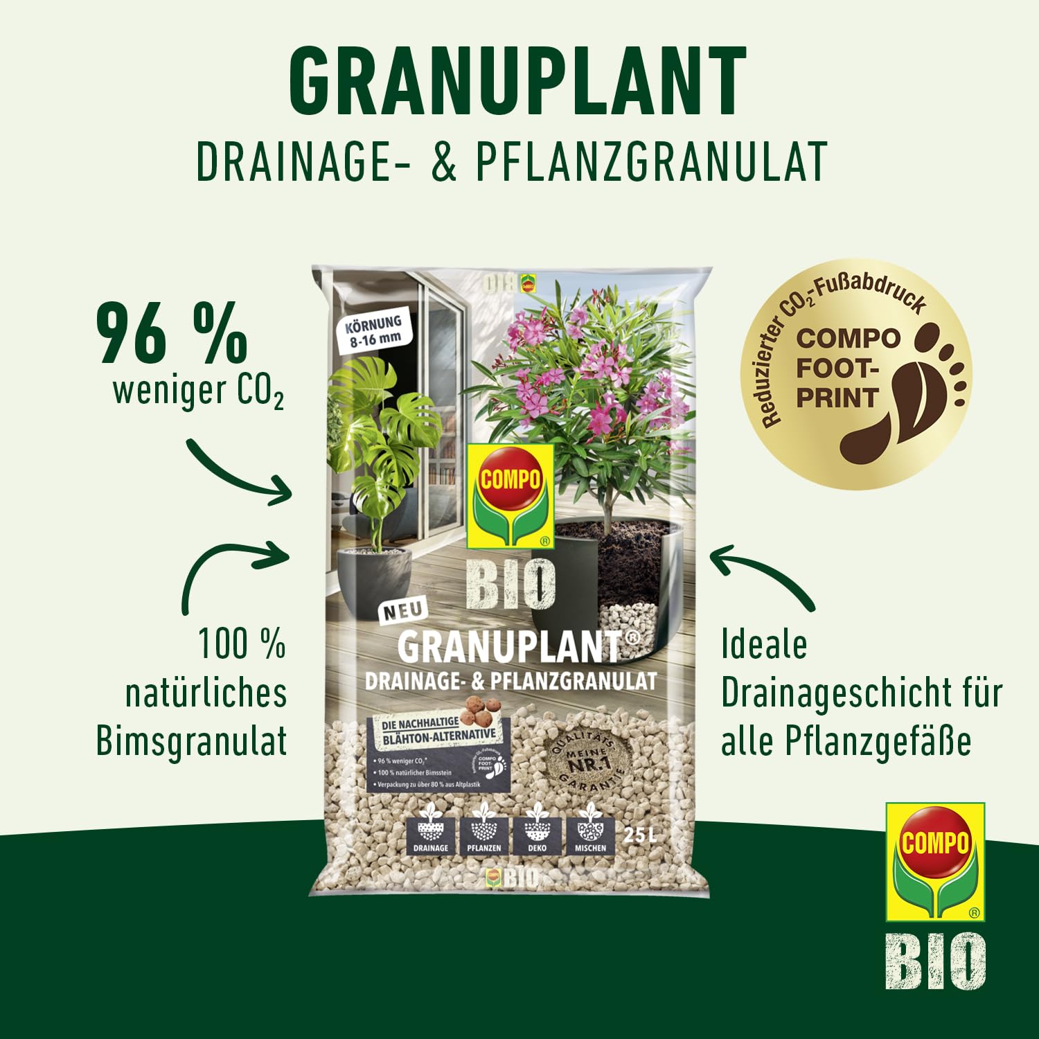 COMPO Bio Granuplant Granuplant Granulés de Drainage et de Plantation - Pierre Ponce 100% Naturelle - Alternative Durable à l'argile expansée - 25 litres