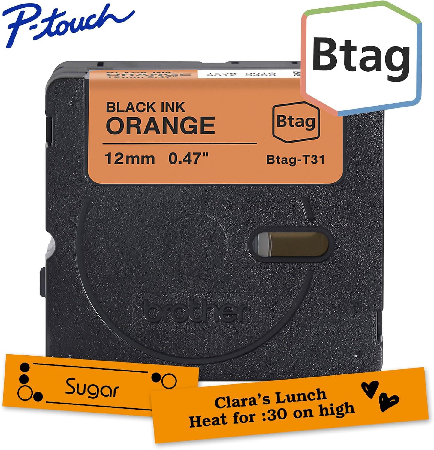 Brother Genuine P-Touch Btag BTAGT31 Black on Orange Label Tape ~1/2in by 13.1ft (12mm x 4m). (Works Only with Brother PT-N10, PT-N20, PT-N25BT Label Makers)