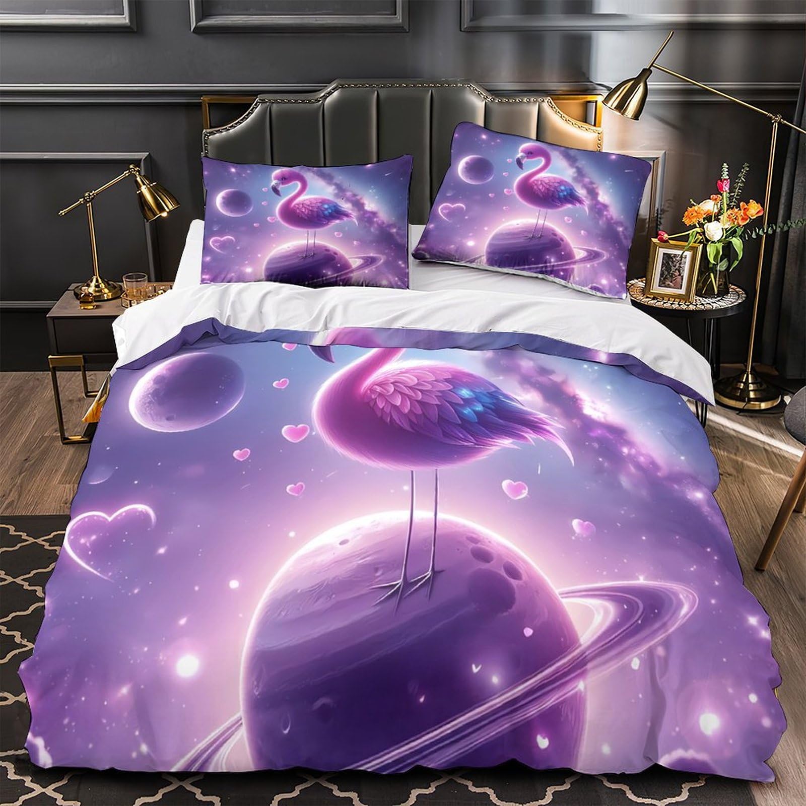 Housse de couette flamant rose espace hypoallergénique 3D