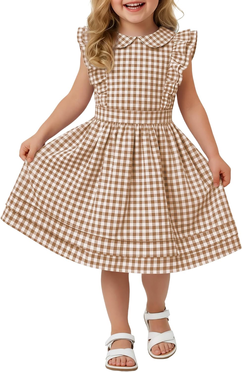 Yooo's Vivi Toddler Girls' Dress Gingham Midi Baby Plaid Dress Ruffle Sleeves Doll Collar Summer Outfits with Zipper 18M-5T