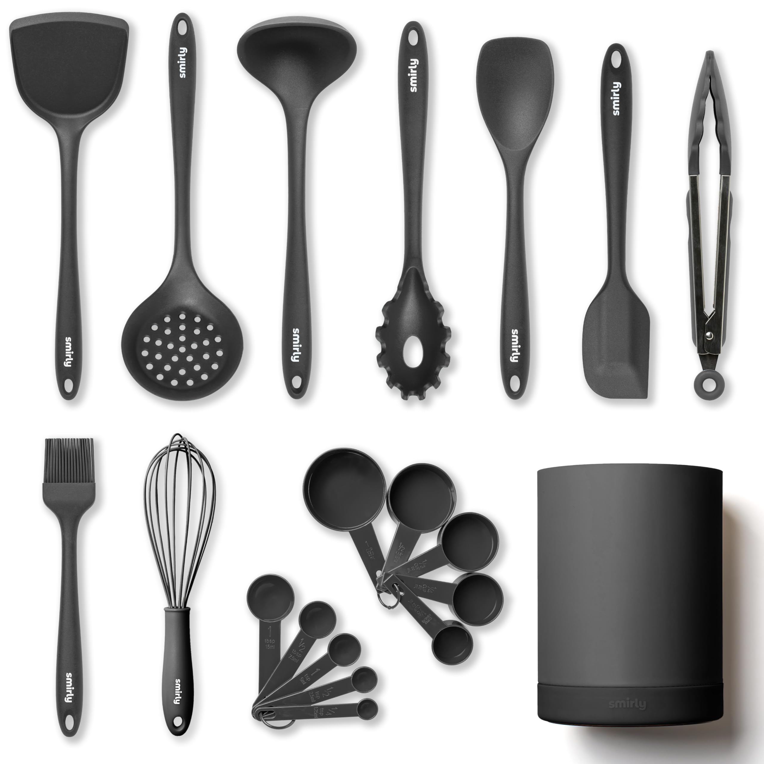 Silicone Kitchen Utensils Set & Holder: Cooking Utensils Set - Kitchen Essentials for New Home & 1st Apartment- Silicone Spatula Set, Cooking Spoons for Nonstick Cookware (Silicone, Grey)