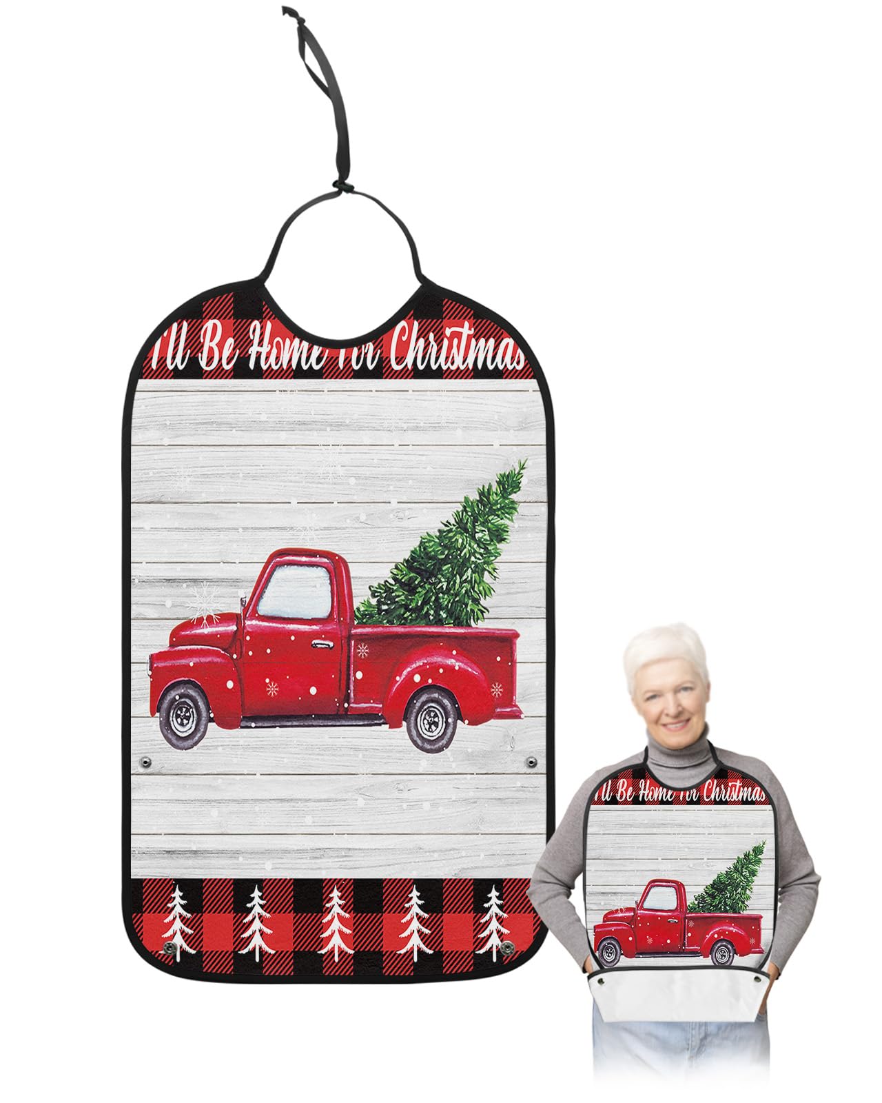 Christmas Truck Adult Bibs for Eating, Waterproof Bibs with Food Catcher & Adjustable Snap Closure, Red Black Plaid Xmas Tree Snowflake Washable Clothing Protectors Adult Bibs for Elderly Women/Men
