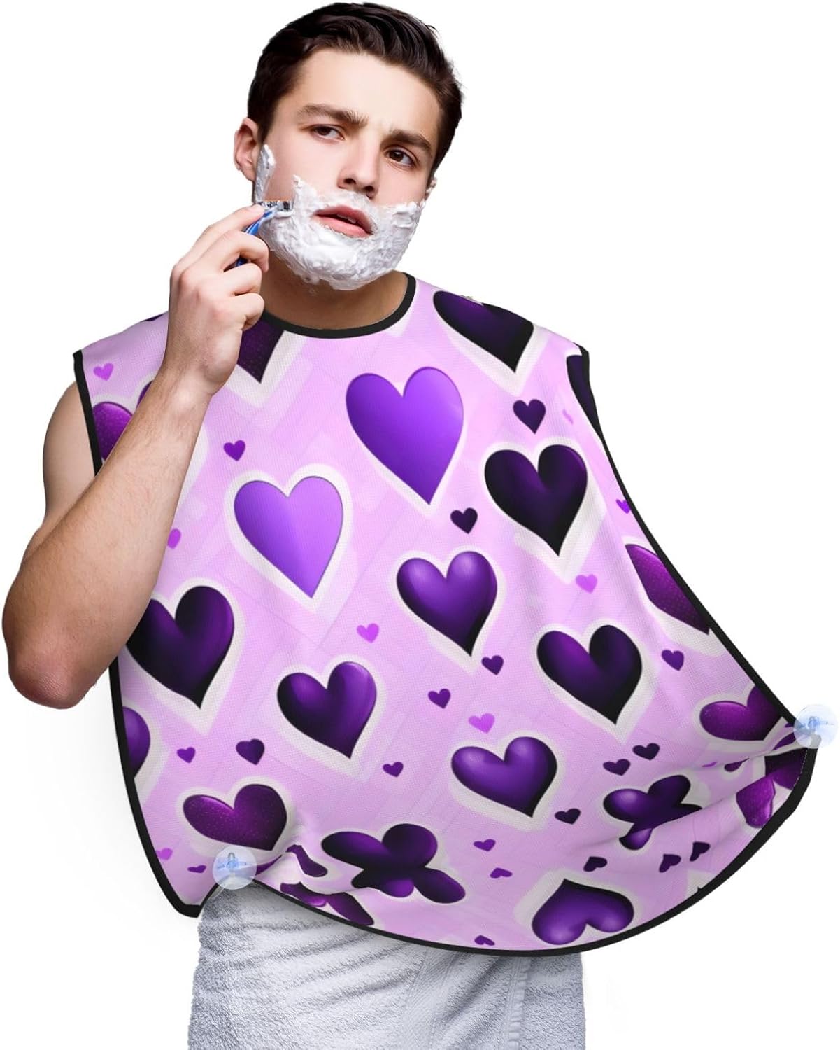Fashional Purple Hearts Print Beard Bib Apron, Shaving Apron For Dad, Men'S Hair Catcher For Shaving Best Gifts For Dad