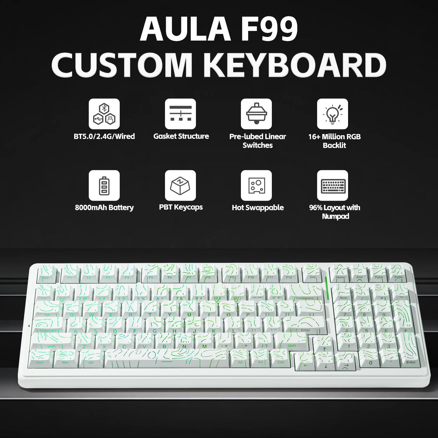 Aula F99 - Tastiera meccanica wireless, Tri-Mode BT5.0/2,4 GHz/USB-C, tastiera cremosa con funzione hot swap, interruttori lineari pre-lubrificati, tastiere da gioco retroilluminate RGB per PC, tablet