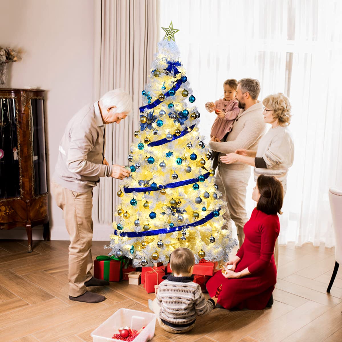 RELAX4LIFE Sapin de Noël Blanc 210 CM, Sapin Noel Artificiel en PVC avec Support en Métal, Arbre de Noël pour Décoration Maison/Bureau/Magasin (Blanc, 210 CM)