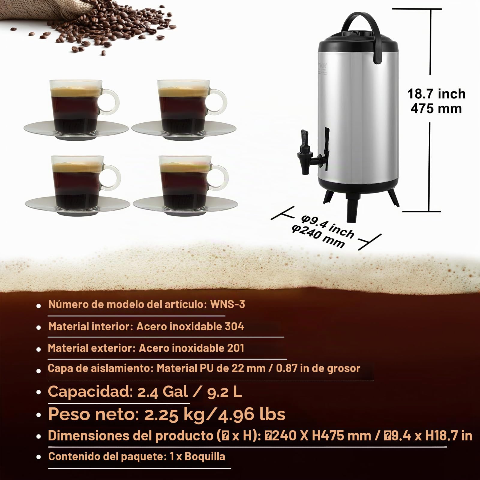 VEVOR Dispensador de Bebidas Aislado Dispensador de Agua Fría y Caliente No Eléctrico 9,2 L Almacenamiento de Alimentos de Acero Inoxidable Contenedor Aislado 4-6 H con Grifo Portátil para Camping