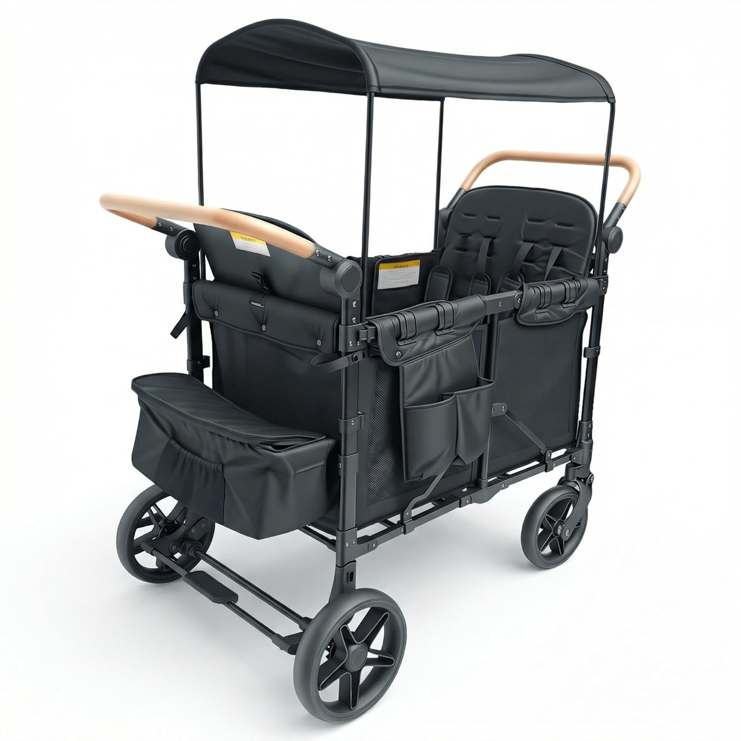 4 Seater Wagon Stroller with 5-Point Harness, Large Storage Bag and Removable Canopy, Durable 4 Seater Wagon Stroller with Foot-Operated Brake for Family Travel, Deep Black, 29.53 * 49.61 * 53.15in.