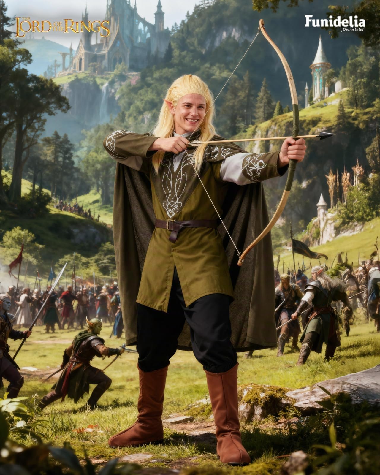 Funidelia Disfraz Oficial de Legolas - El Señor de los Anillos para hombre, Capa, camiseta, cinturón, pantalón y cubrebotas - Traje para adultos para fiestas, Carnaval y Halloween - Talla M