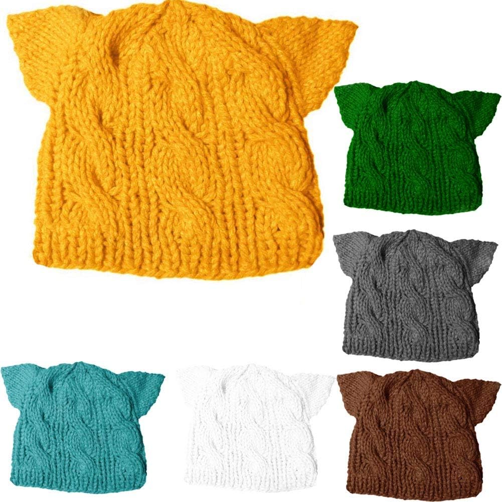 BIBITIME 6 PCS Handmade Knitted Ears Beanie Pussycat Hat Women March Rights Caps (Yellow,Green,Dark Coffee/Grey,White,Peacock Blue, Fit Average Adult)