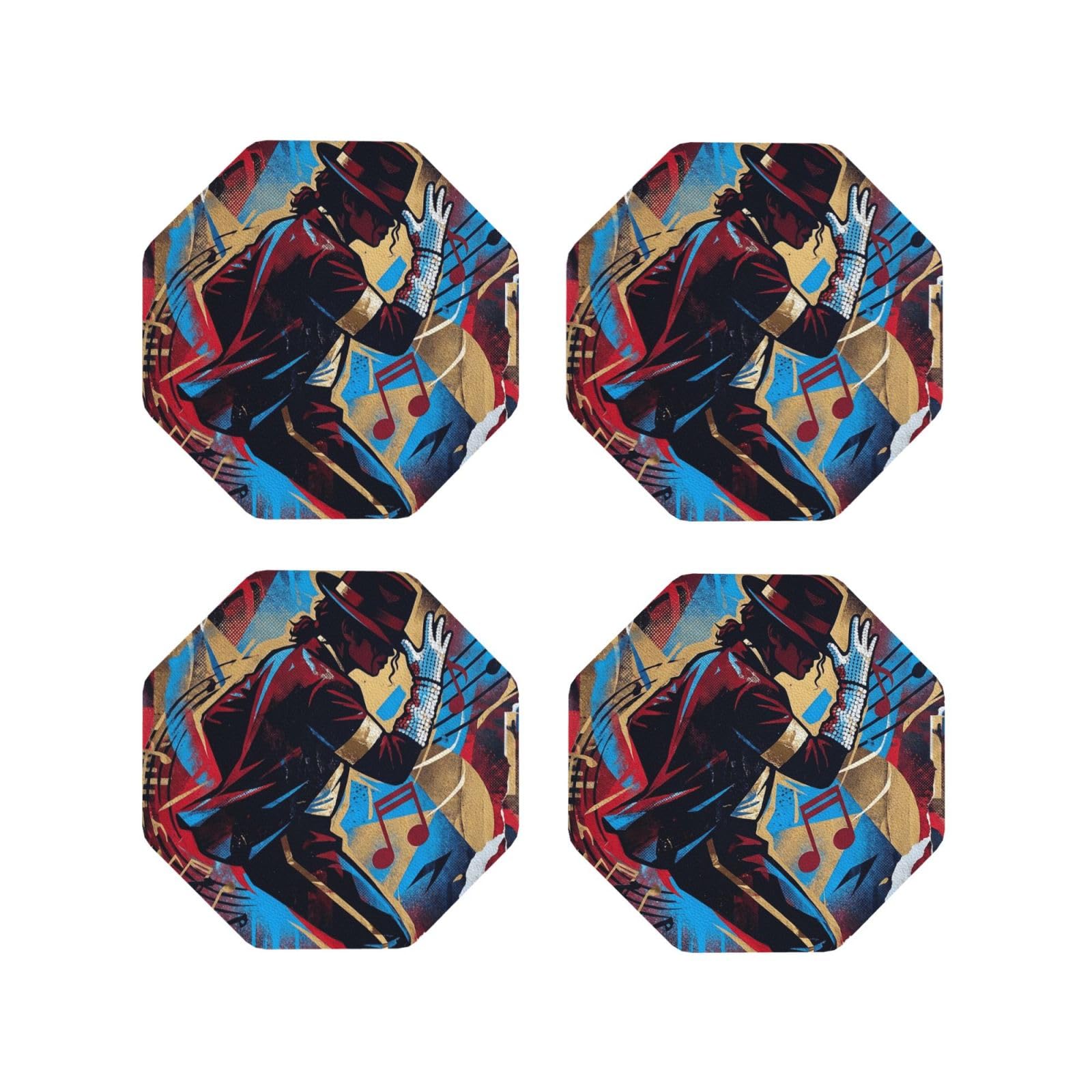 Coasters Set of 4 Round Leather Coaster Quick-Dry Drink Michael Jackson Coasters for Desk Absorbent Mugs Pads Tabletop Protection Pad Heat Resistant Coffee Cup Mat for Kitchen Bar