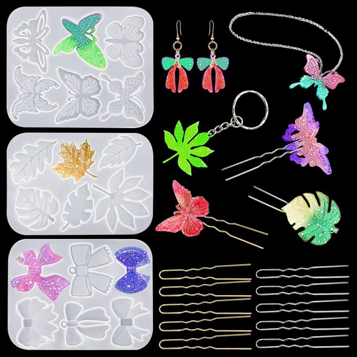FineInno 3PCS Hair Clips Resin Moulds Butterfly/Bow Tie/Leaves Silicone Moulds Jewelry Making Kit with Hair Stick Epoxy Casting Mold for DIY Hairpin Earrings Pendant