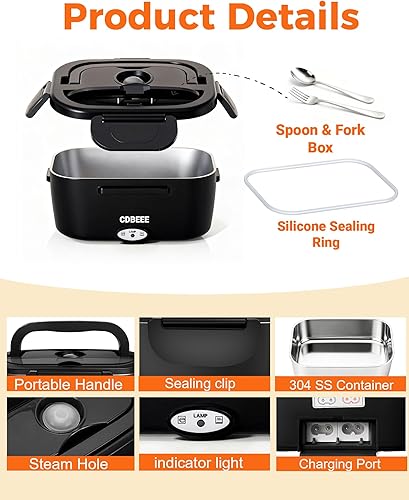 Miniatura 6 de Fiambrera eléctrica, calentador de alimentos  Calentamiento rápido de 80 W, fiambrera térmica de 1.5 L, calentador de alimentos portátil de acero