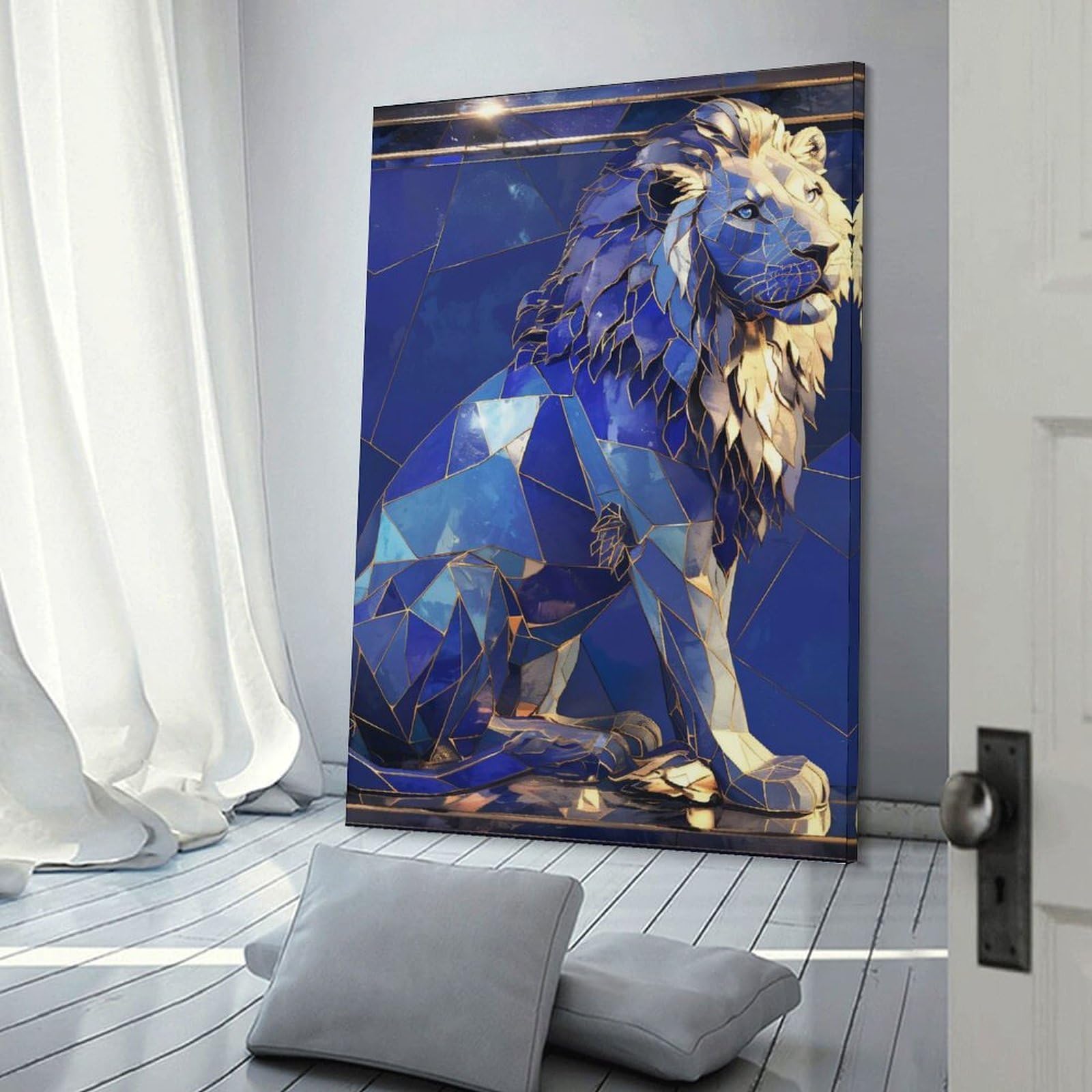 Junmoney Blue Mosaic Lion Art Canvas Wall Decor, 24x36inch(60x90cm), for Art Walls, Layered Displays Or Homes, Home Wall Art for Statement Displays