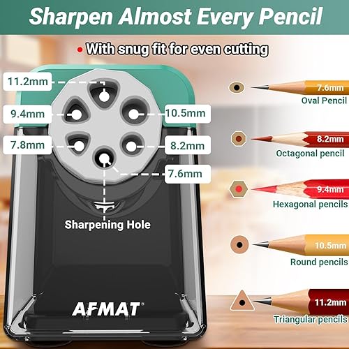 Miniatura 2 de AFMAT - Sacapuntas eléctrico de alta resistencia, 6 agujeros, sacapuntas automáticos para lápices de 0.236-0.433 pulgadas, sacapuntas eléctrico para