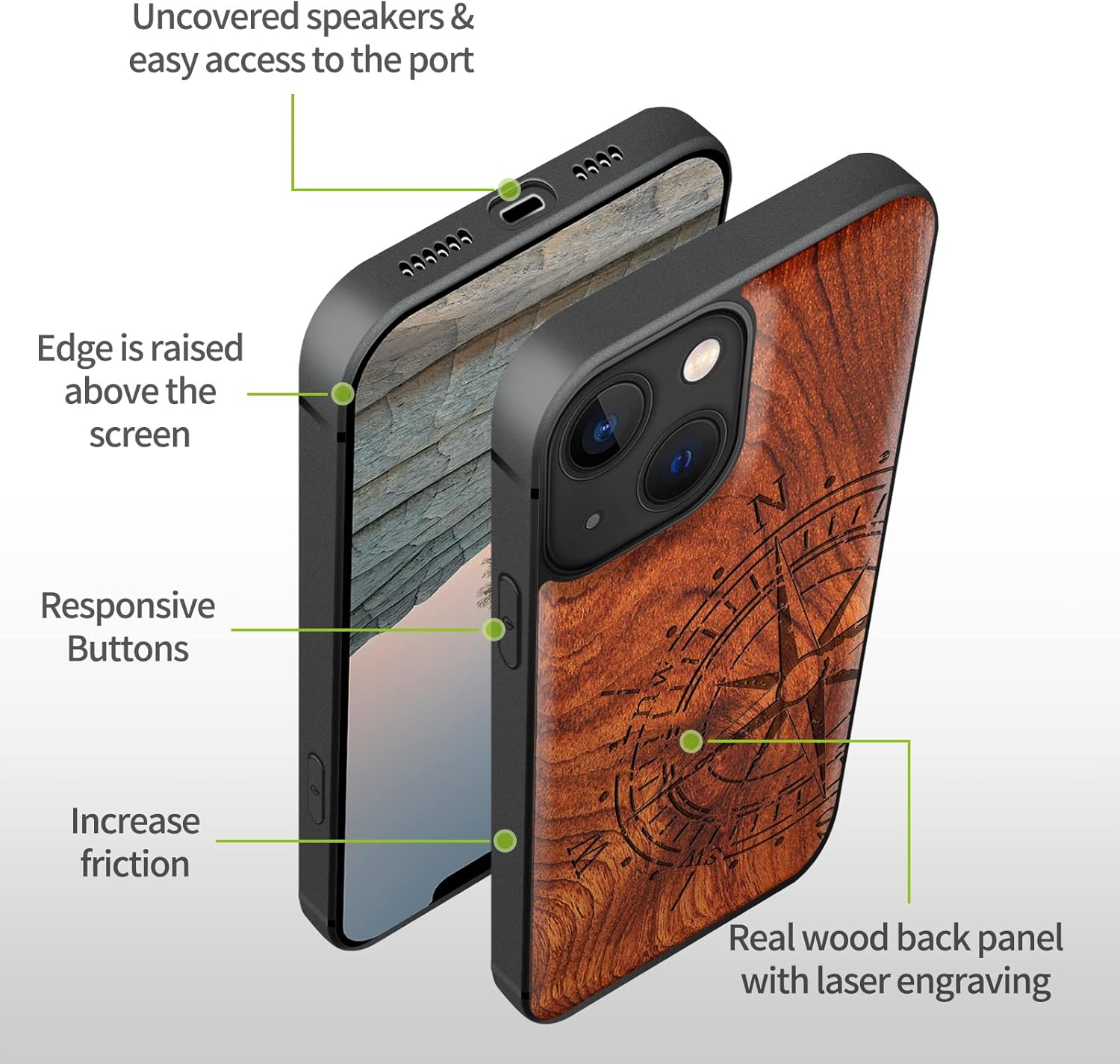 Carveit Magnetic Wood Case for iPhone 13 Mini Case [Hard Real Wood & Soft TPU] Unique & Classy Wooden Shockproof Hybrid Protective Cover Compatible with MagSafe (Vintage Compass-Rosy)