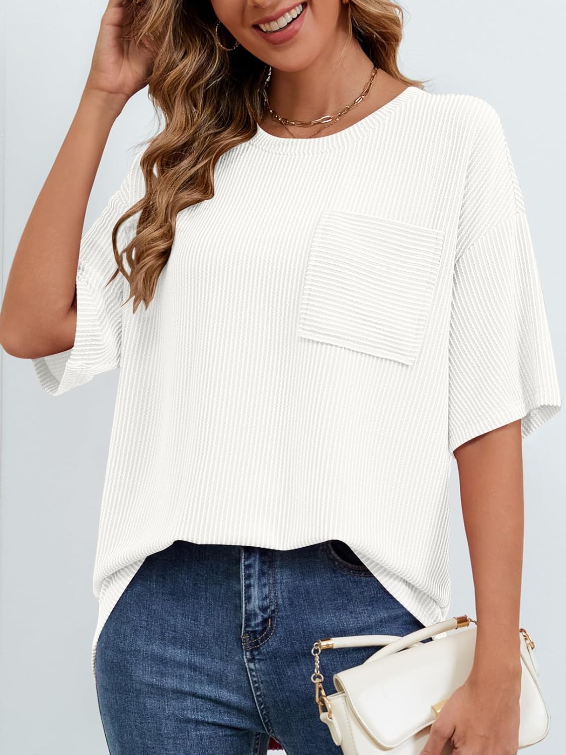 MEROKEETY Women's Summer Short Sleeve Tops Oversized Crewneck Textured Blouse Casual Basic Tunic Tee - Image 3