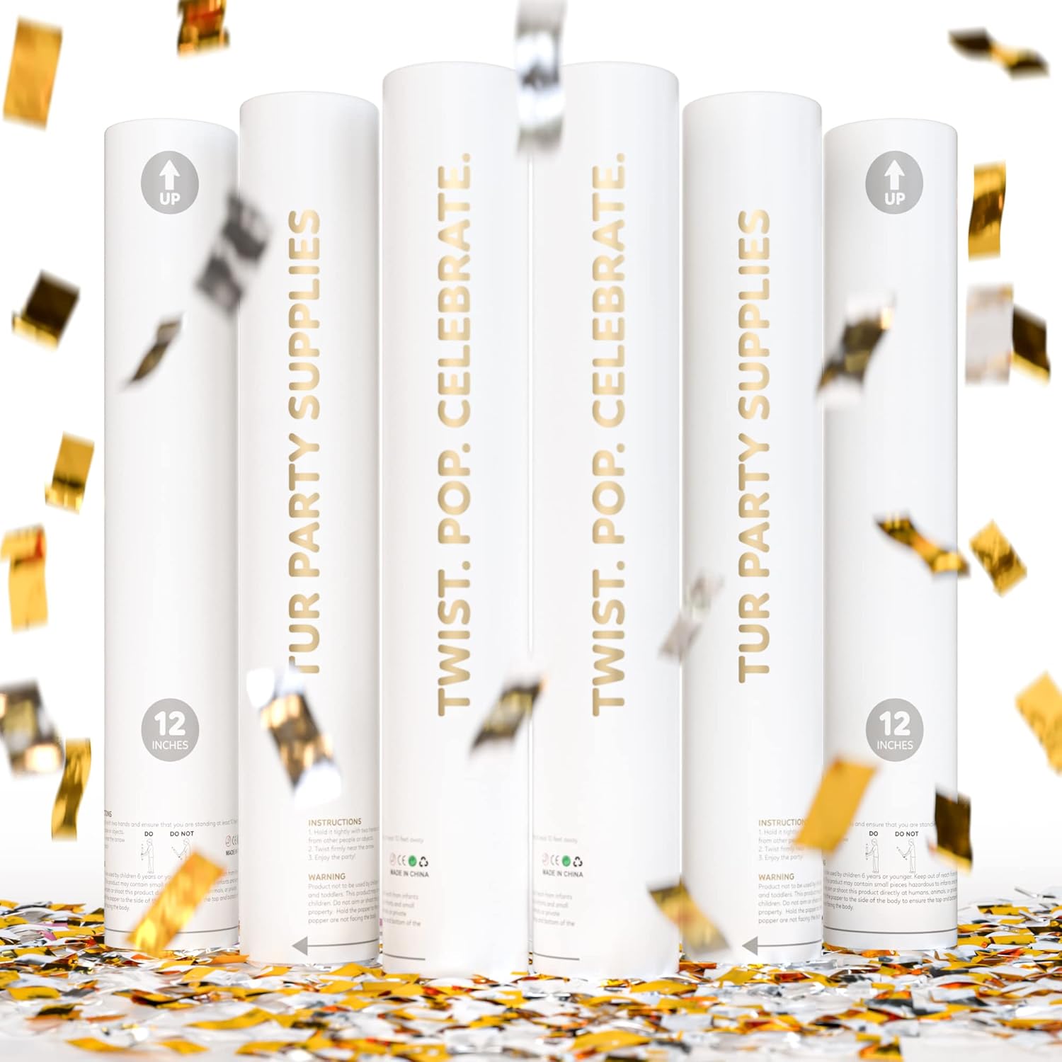 Gold & Silver Confetti Poppers Confetti Cannon | 6 Pack | Party Poppers Decoration for Wedding, Engagement, Graduation, Birthday | Wedding Party Favors | Launches 25 ft | 12 inch | TUR Party Supplies