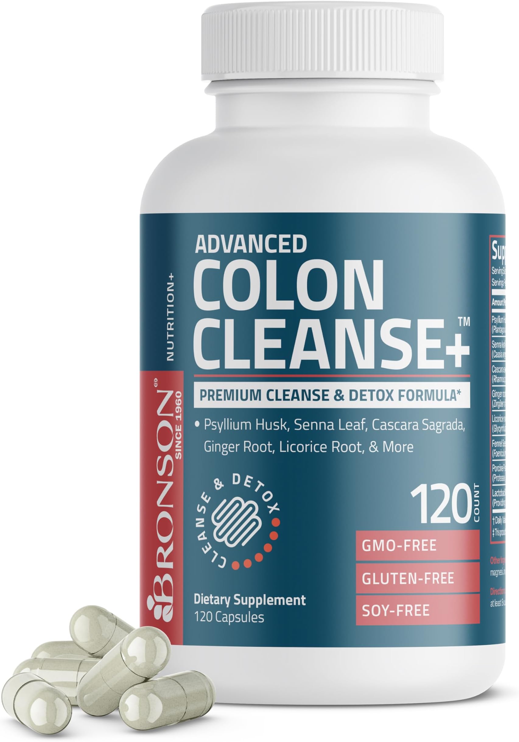 Bronson Advance Colon Cleanse Premium Cleanse & Detox Formula with Psyllium Husk, Senna Leaf, Cascara Sagrada, Ginger Root, Licorice Root & More, Non-GMO, 120 Capsules