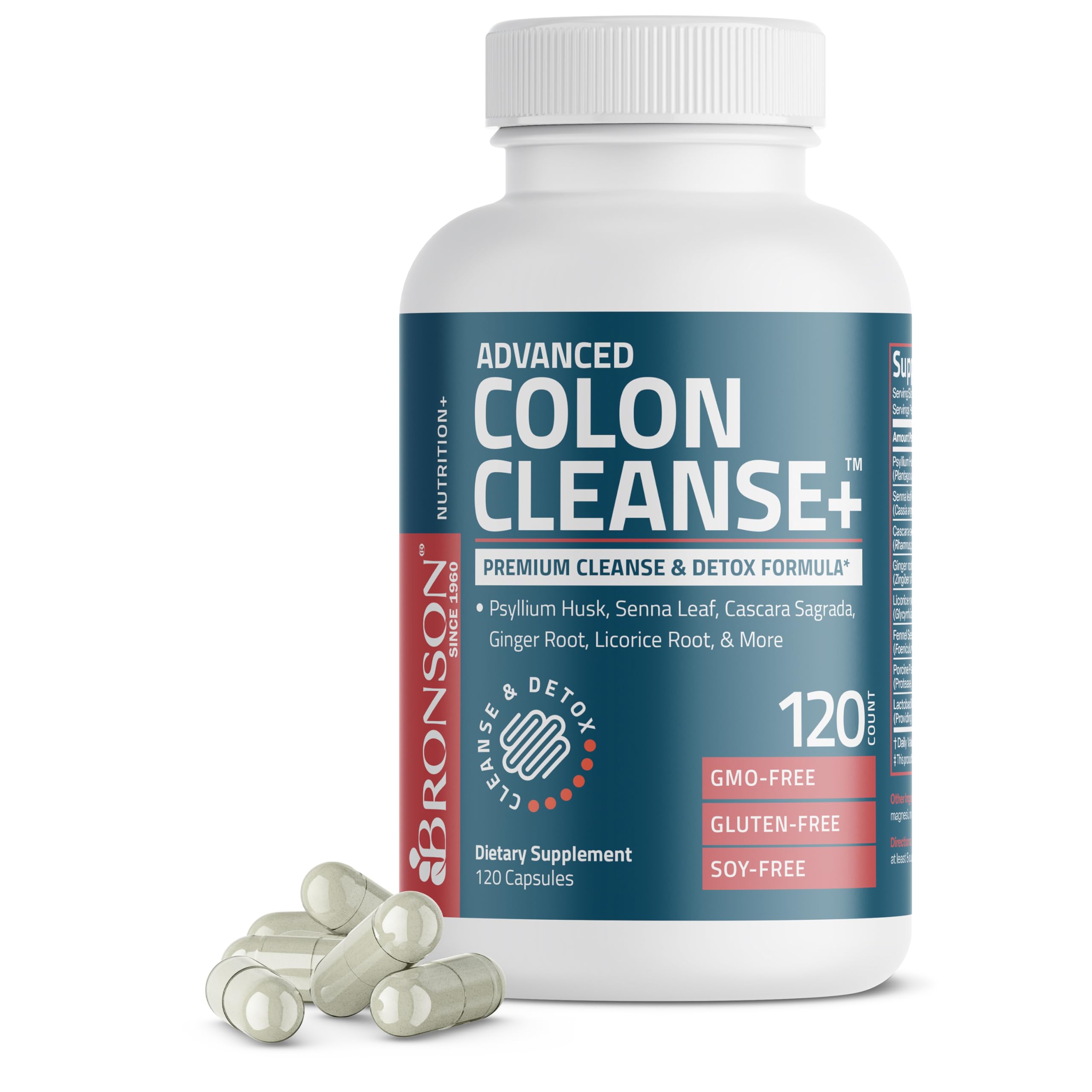 Bronson Advance Colon Cleanse Premium Cleanse & Detox Formula with Psyllium Husk, Senna Leaf, Cascara Sagrada, Ginger Root, Licorice Root & More, Non-GMO, 120 Capsules