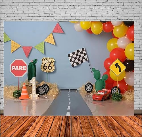 Miniatura 3 de Telón de fondo de 5 x 3 pies Route 66 Pare Racing Cactus Flag Boy 1er cumpleaños Retrato Decoración Pastel Smash telón de fondo fotografía telón de