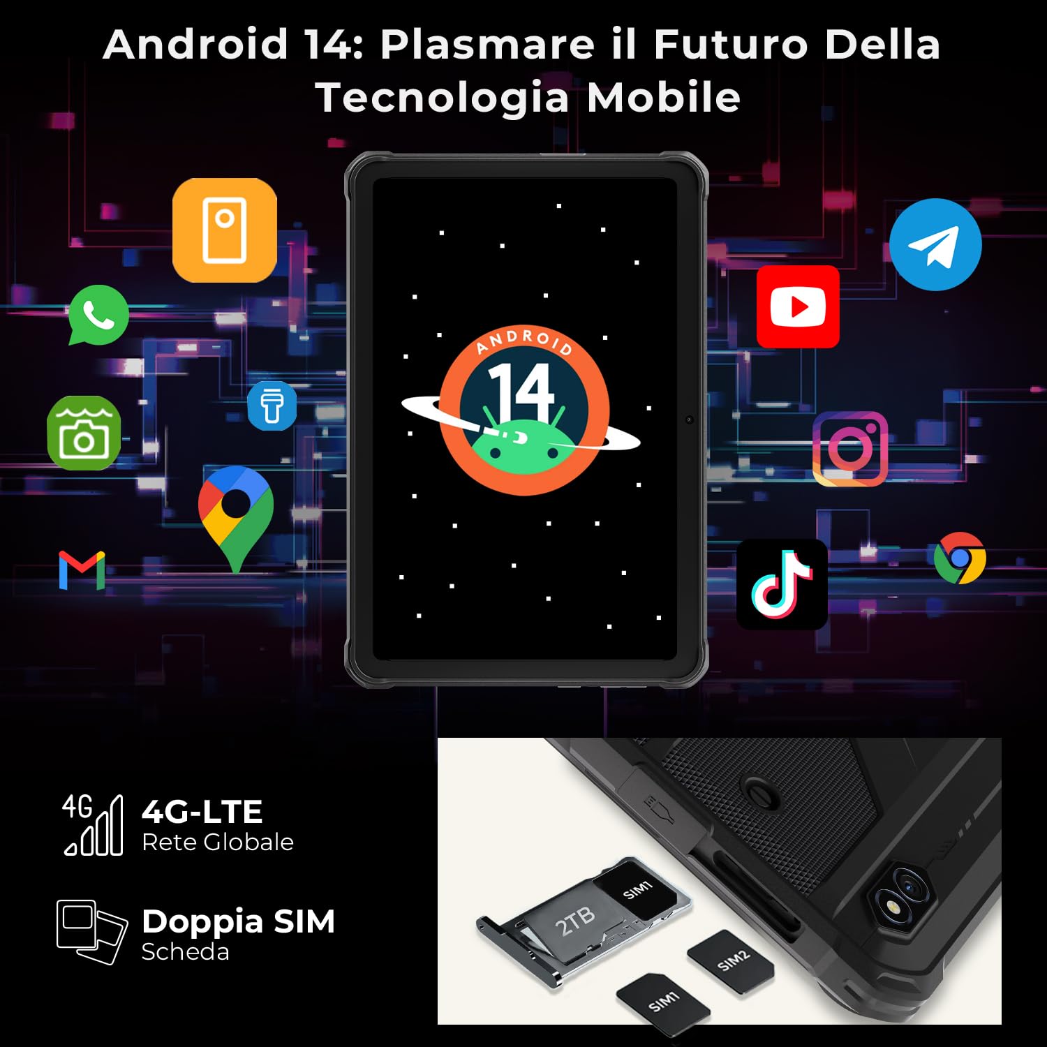 HOTWAV R8 Rugged Tablet 10.1 Pollici Android 14 Tablet PC Robusto 10800mAh, 12GB+128GB Octa-core 1TB Espandibile IP68/69K Tablet Impermeabile 13MP 4G Dual SIM 5G WiFi Face ID/OTG/GPS