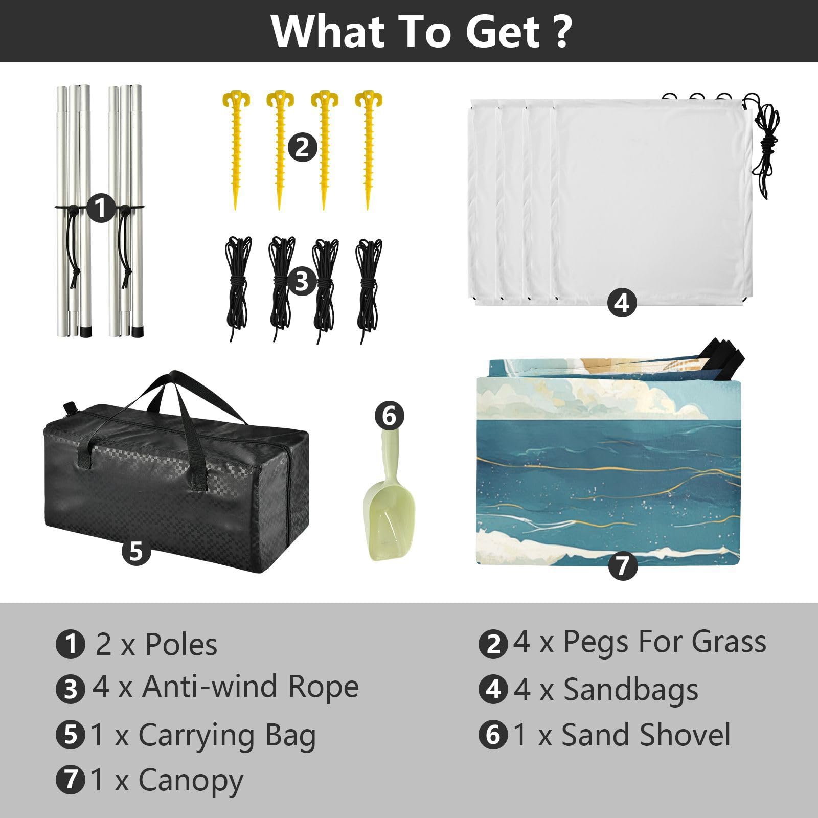 Pare-soleil portable étanche UPF50+ avec sacs de sable et pelle pour camping, pique-nique, jardin