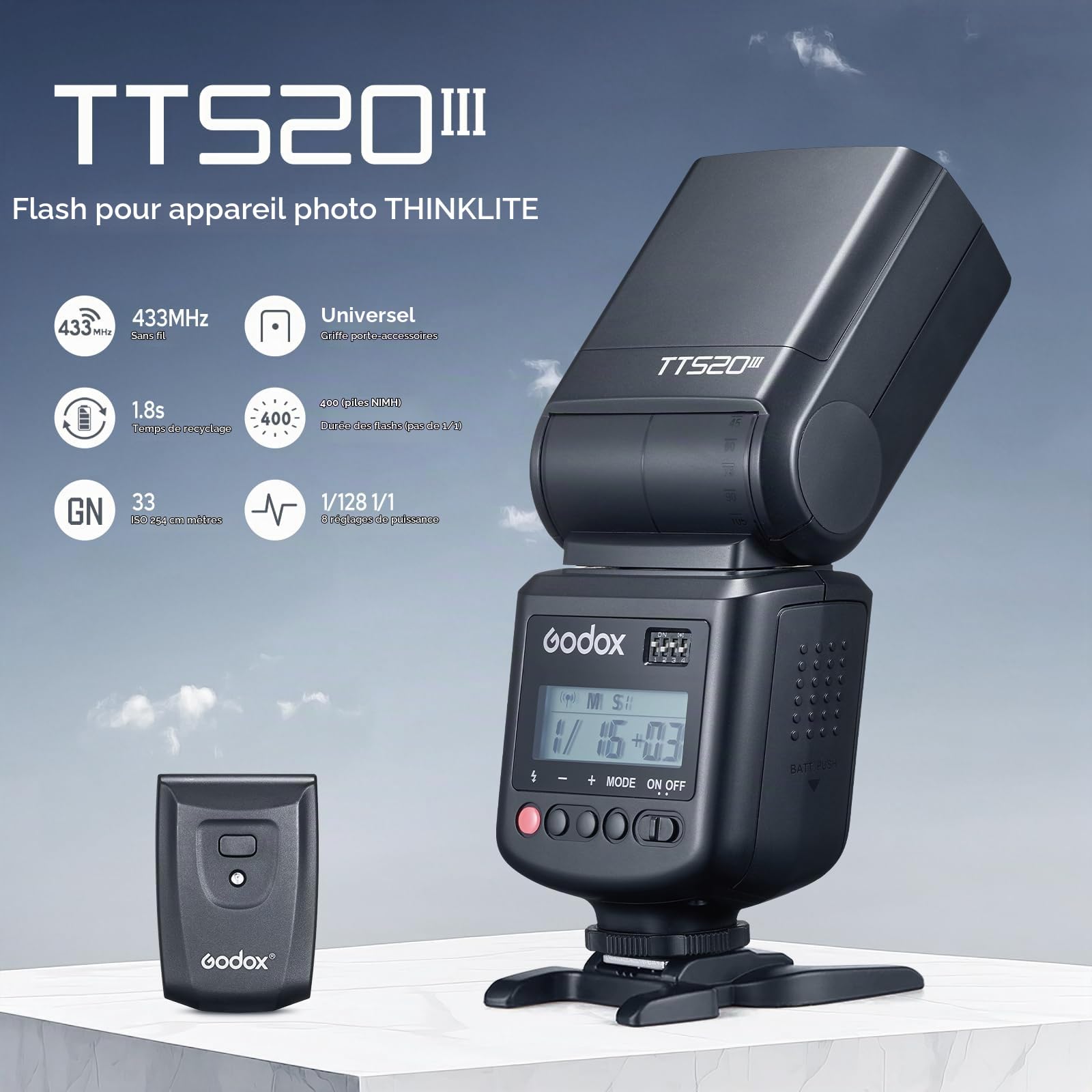 Godox TT520III Flash GN33 pour Appareil Photo, avec émetteur sans Fil RT-16 | Modes S1/S2, 8 Niveaux de Puissance, Design Sabot à Contact Unique, pour Canon Nikon Sony Fuji Olympus Panasonic