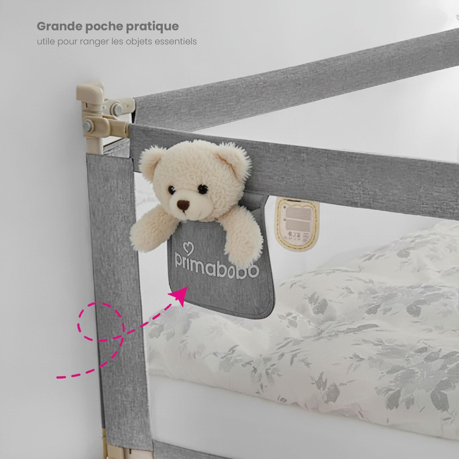 Primabobo Barrière de Lit Enfant Classic Gris 200 cm 160 cm Pliable – Lot de 3, Hauteur Réglable, Protection Lit Bébé