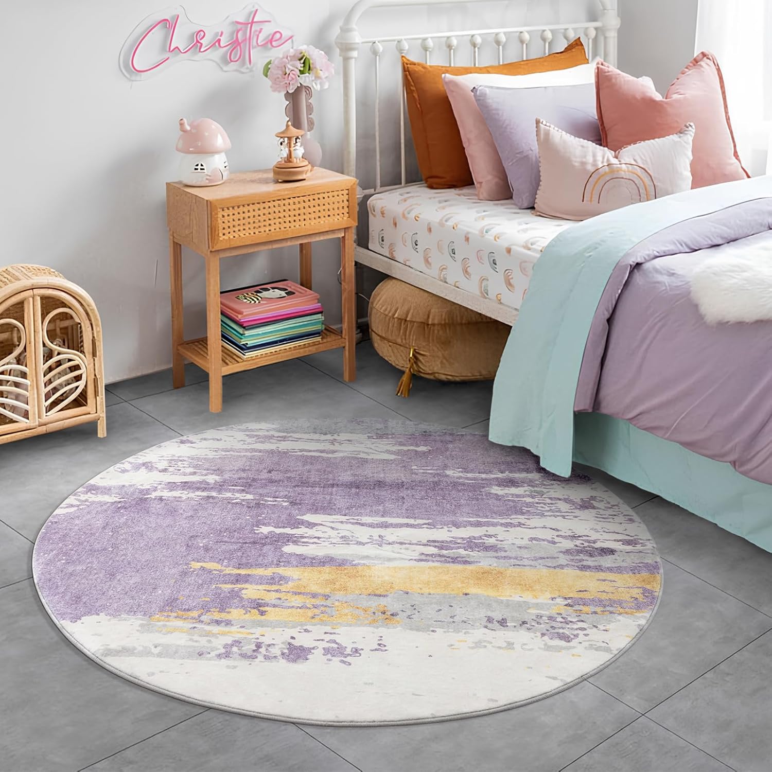Asrug Small Round Rug 3ft, Abstract Round Rug, Non-Slip Washable Circle Rug for Nursery, Machine Bathroom Rug, Soft Throw Floor Carpet Low Pile for Kitchen Living Bedroom, Purple