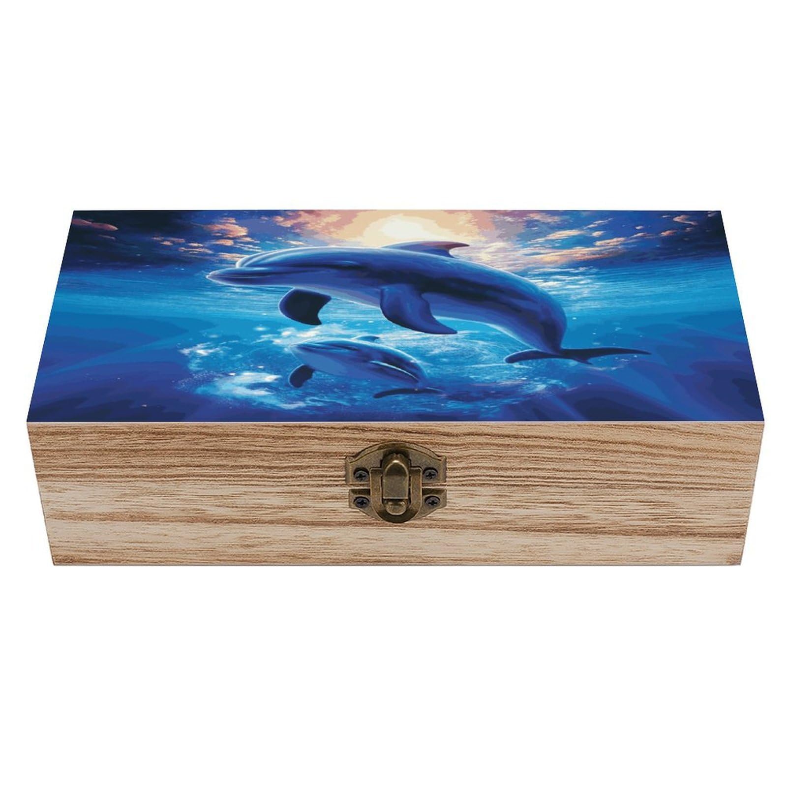 MUSM Cute Dolphins Wooden Storage Box Vintage Wood Box with Lid Exquisite Crafts DIY Wood Gift Boxes Fashion Jewelry Boxes Art Stash Keepsake Storage Case Large Jewelry Case