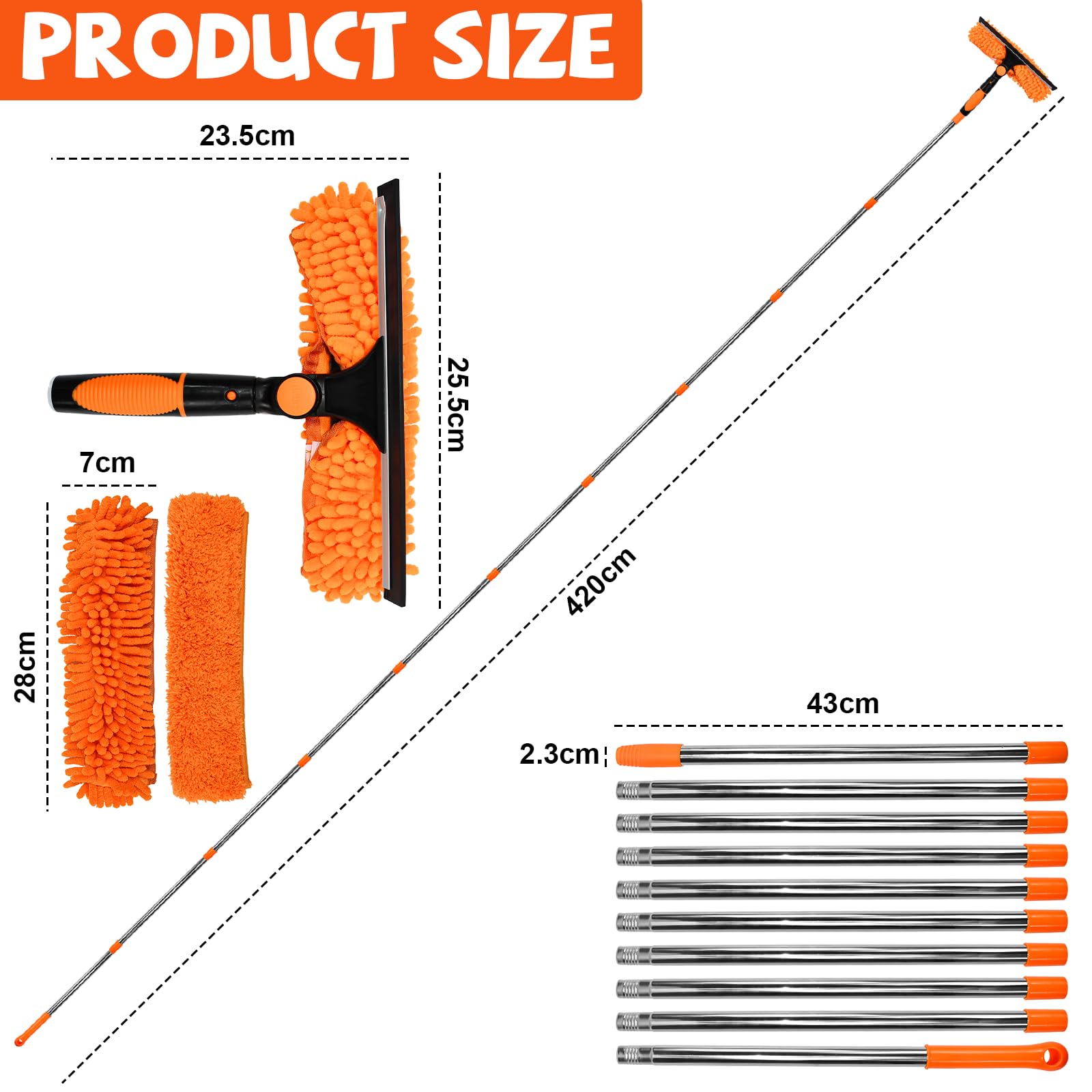 Limpiacristales con Mango Extensible de 24-450cm, Limpiador de Ventanas Telescópico con Escobilla de Silicona y Paños de Microfibra, Limpia Cristales con Mango Largo para Ventanas