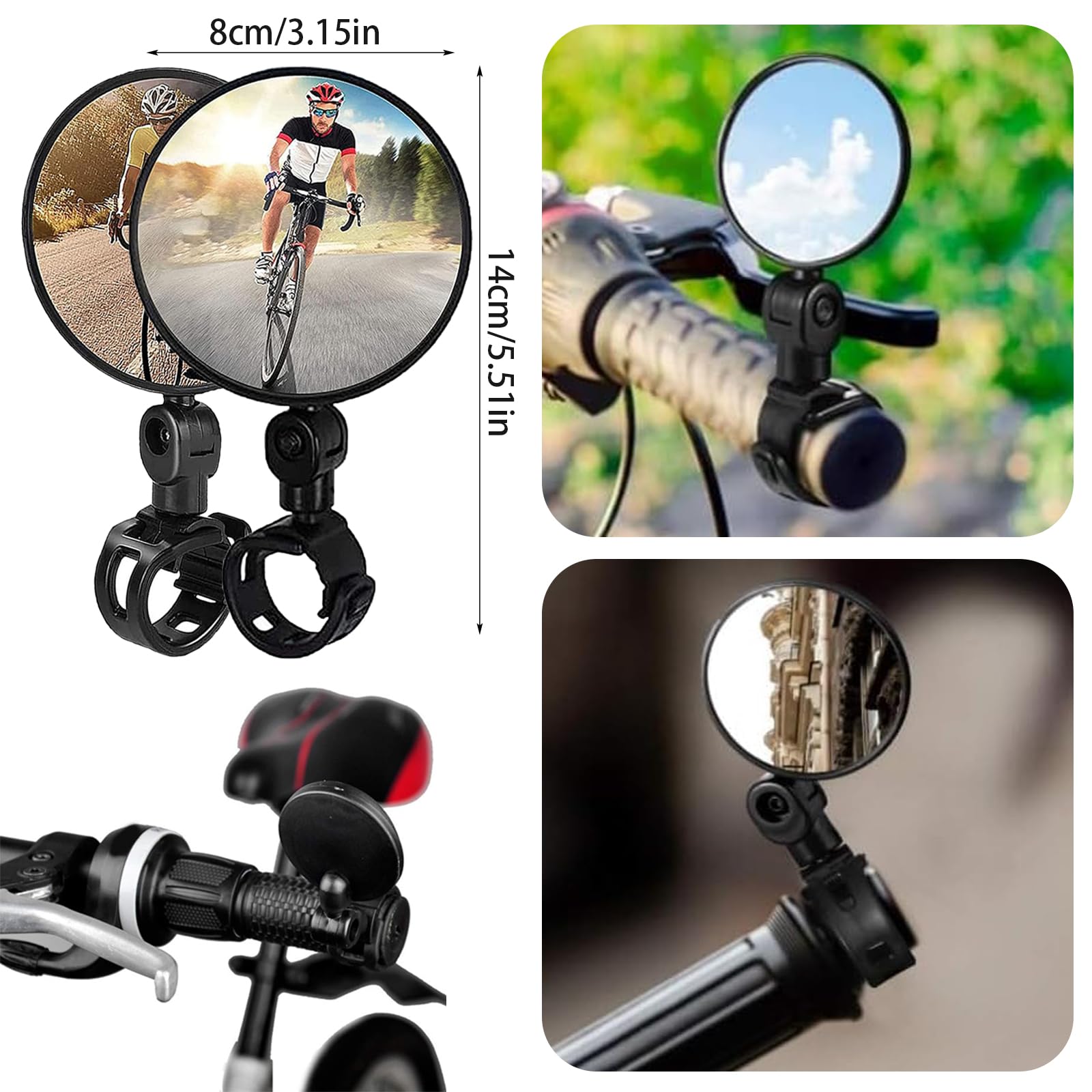 2 Pezzi Specchietto Bici Specchietti Bici Ruotabile a 360°, Specchietti Moto Grandangolo HD, Accessori Regolabile, Specchietti Bicicletta per Biciclette Motociclette (Nero)