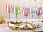 Physkoa Verres à vin colorés 6-16oz Verres à vin colorés en cristal soufflé à la main, verre à vin multicolore pour les amoureux de vin, Fête des mères, Mariage, Cadeaux d'anniversaire pour les femmes