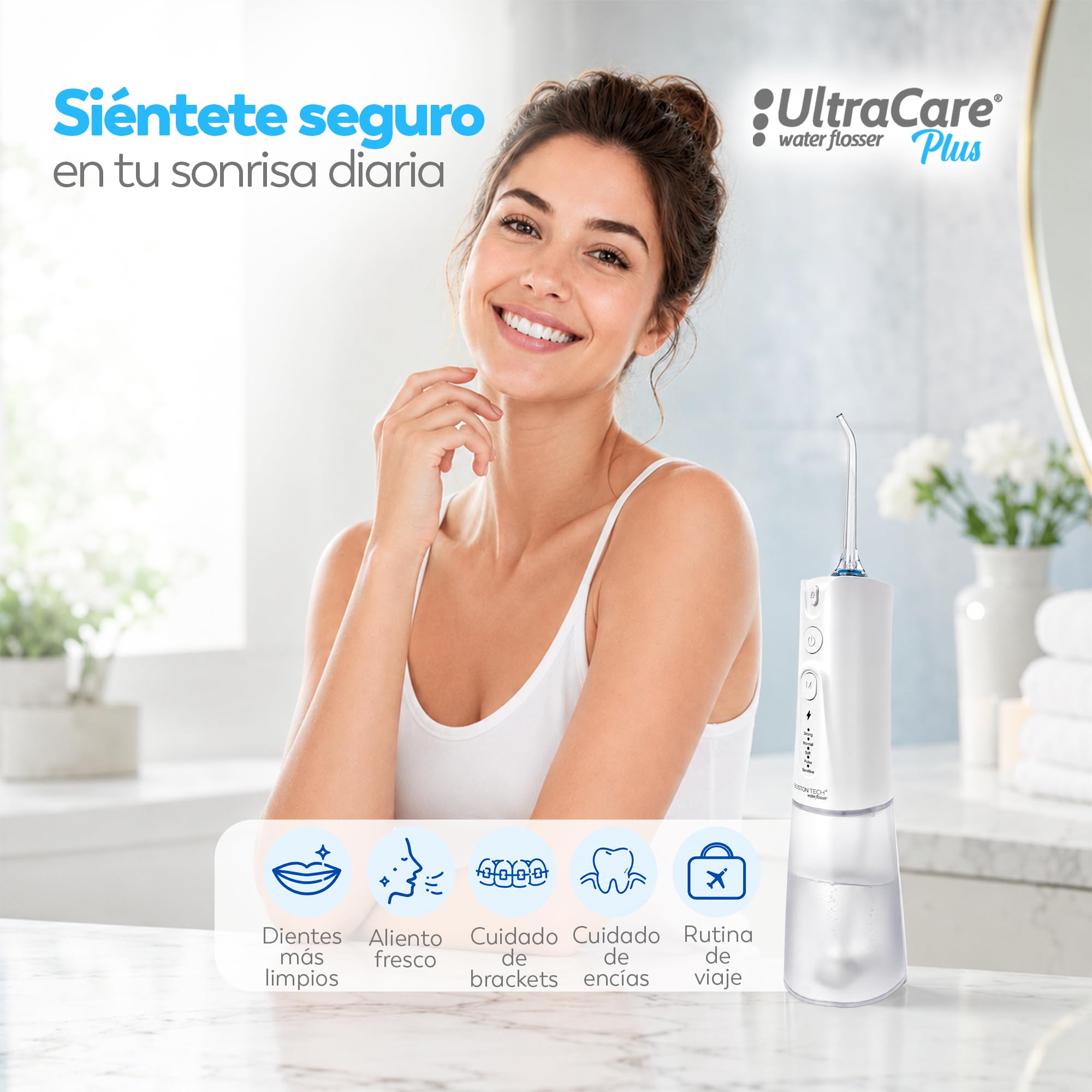 Aquapik Irrigador Dental Portátil, Irrigador Bucal Inalámbrico con 8 Boquillas y 4 Modos, Depósito 300 ml, USB-C Recargable, IPX7, Water Flosser para Brackets, Implantes y Viajes (Blanco)